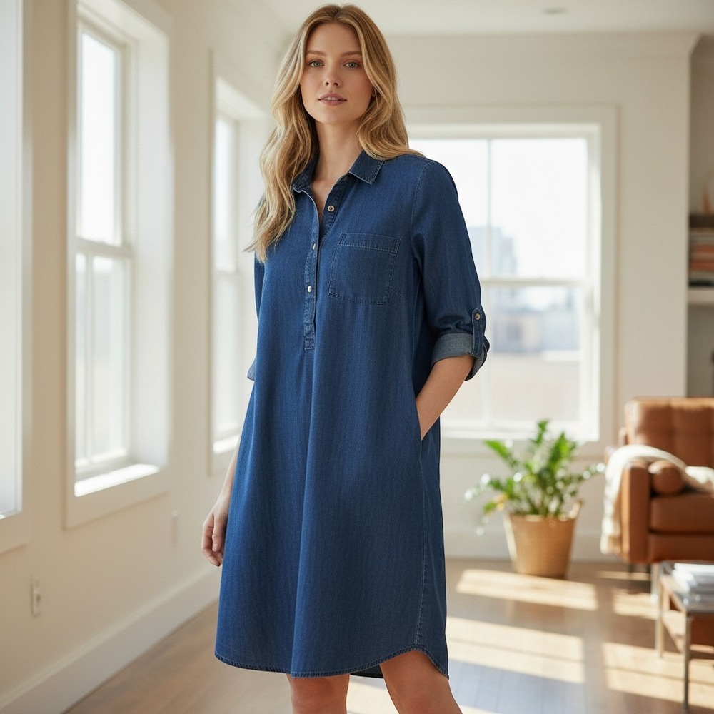 J. Jill Denim Shirt Dress Womens Size M Blue Tencel Blend Long Sleeve Casual